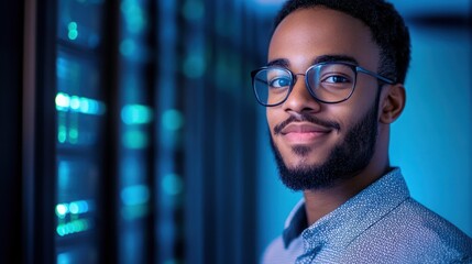 Confident IT Professional in Data Center Environment with Modern Server Racks