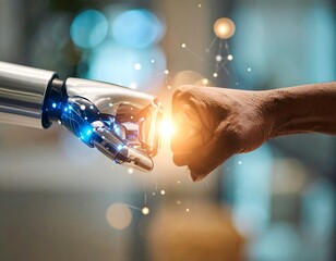 Futuristic robot hand meets human hand