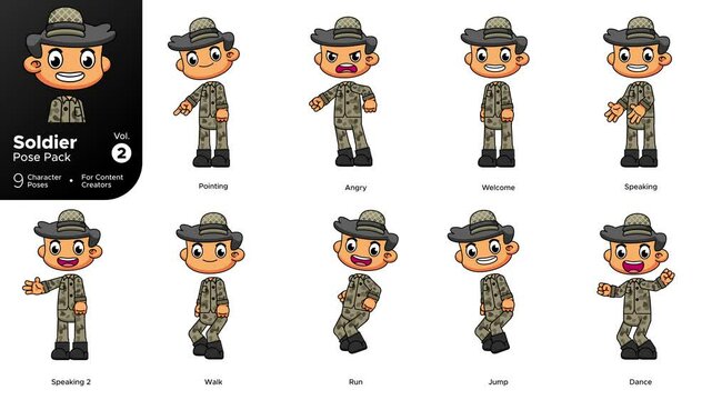 Soldier Character Pose Pack Vol.2, 9 Chibi Cartoon Animations