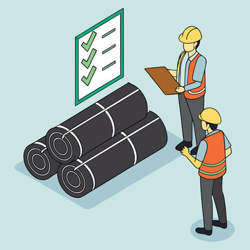 Construction workers reviewing materials and checklist next to rolled roofing with approved status in isometric illustration