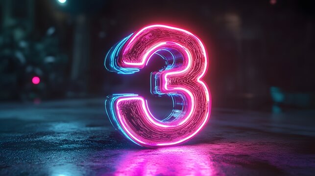 Glowing neon number three on a dark surface.