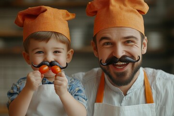 Father and son wearing chef hats and fake mustaches made of tomatoes and having fun together