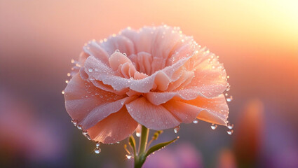 Delicate Pink Flower with Glistening Water Drops at Sunrise