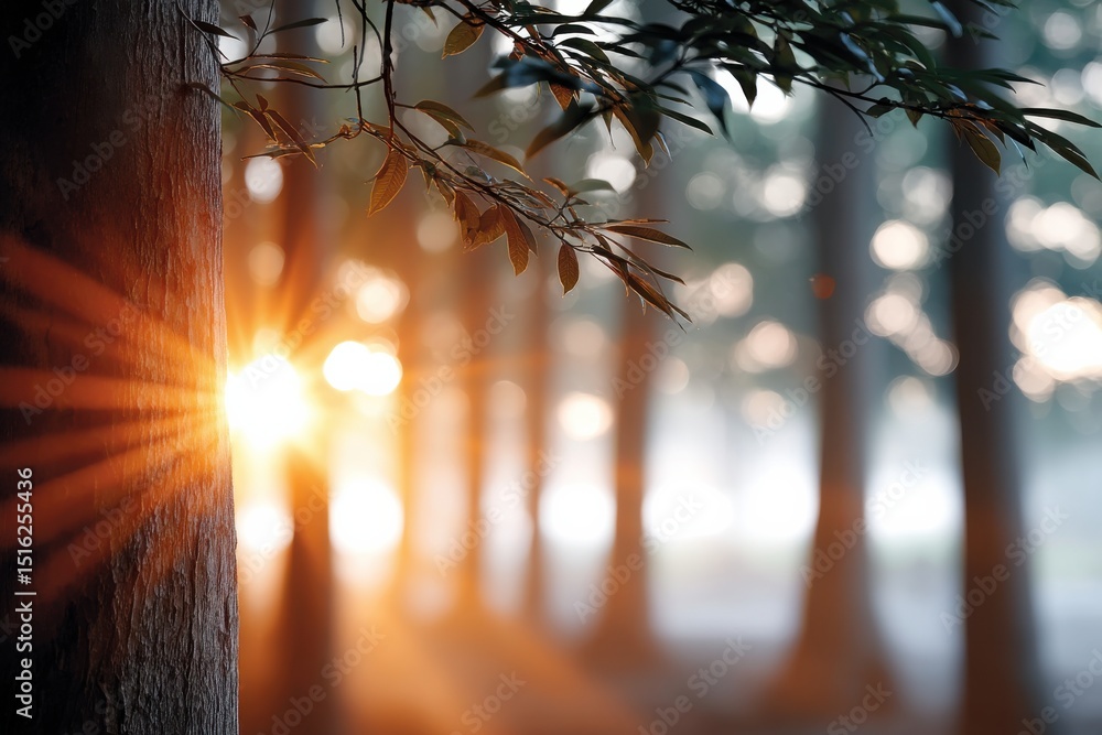 Aufkleber sunlight filters through trees creating a warm and colorful atmosphere in the forest during the earl