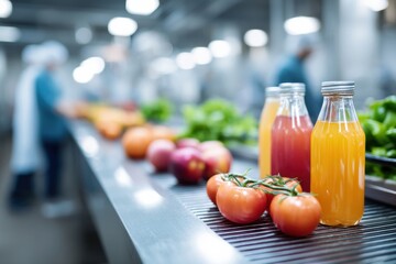 Vibrant healthy food production with fresh vegetables and juices in a busy manufacturing setting