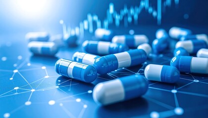 Blue pills with market graph background.