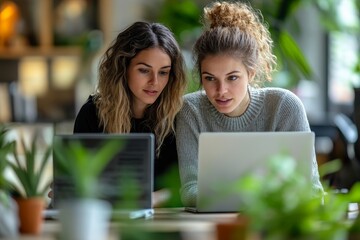 Two young women working together on laptops surrounded by plants in a bright and airy workspace