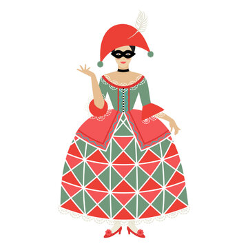 girl in a Columbine costume from Commedia dell'arte isolated on a white background. The female character of the Italian Commedia dell'arte is drawn in a flat cartoon style. stock vector illustration. 