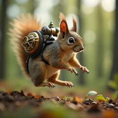 Flying Squirrel with Steampunk Backpack Leaping Through Forest Ground