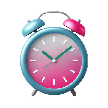 reloj despertador en 3d retro, en colores degradados azul y rosa sobre fondo transparente o blanco