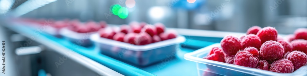 Poster dynamic view of berries being frozen and packaged in a bright factory setting with ample space for t