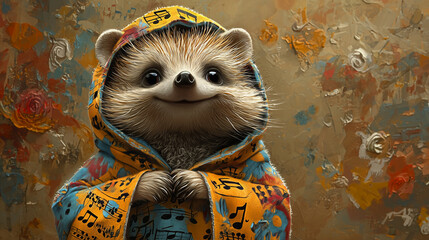 Charming raccoon in a cozy hooded poncho smiling softly in a textured, rustic background. A whimsical and stylish anthropomorphic character ideal for storybooks, kids’ content, or fantasy portraits.
