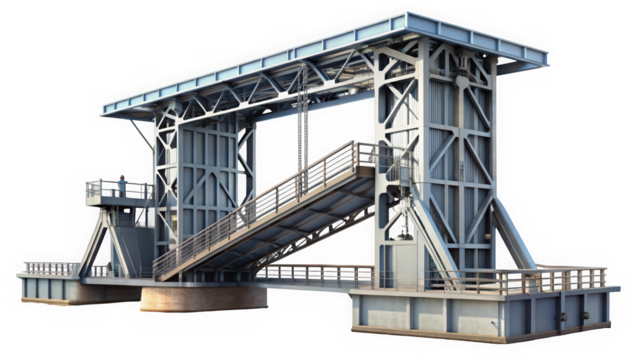 A modern steel lift bridge in an open position, showcasing its intricate design and engineering, ideal for transporting vehicles over a body of water.