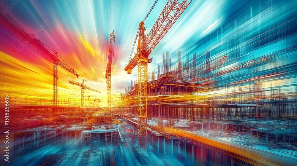 Poster dynamic construction site with tower cranes and workers engaged in skyscraper development activities