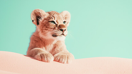 Cute lion cub with a sweet expression sitting against a soft aqua background. A heartwarming and minimalist animal portrait ideal for children’s content, nursery decor, or wildlife themes.
