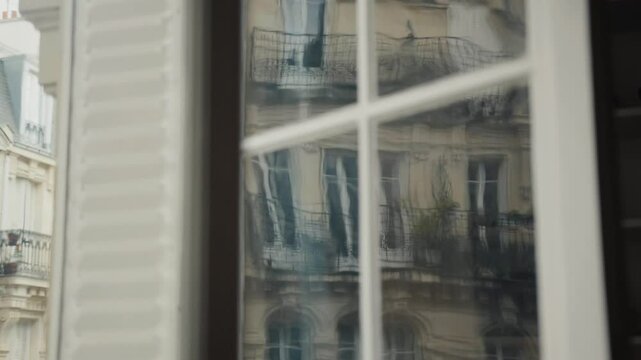 Parisian building reflecting in window panes