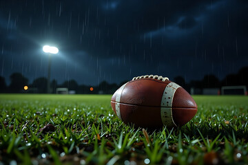 American football ball nestled on the grass in the field against glowing spotlight at night