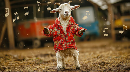 Goat dancing joyfully in the snow, dressed in a red floral jacket, surrounded by musical notes. A playful and expressive animal portrait full of rhythm, winter vibes, and personality.
