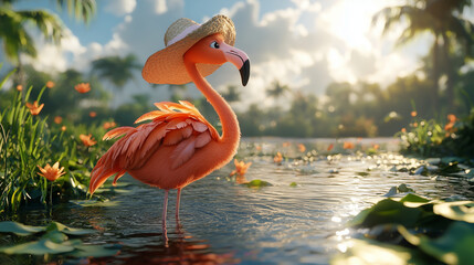 Flamingo in a wide-brimmed hat and floral wrap, standing by the lake under a cloudy sky. A fashionable and tranquil animal portrait perfect for summer themes and nature visuals.
