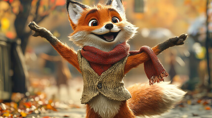 Cheerful fox in a red scarf and vest, smiling brightly with open arms in a sunlit setting. A warm and lively character portrait ideal for storytelling, children’s media, or branding.
