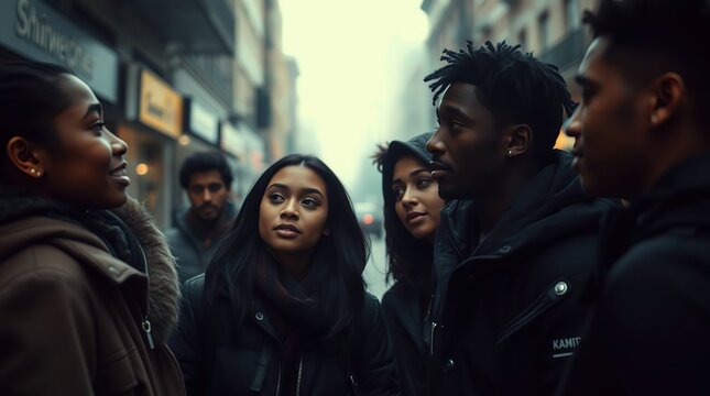 Group of diverse young adults conversing outdoors on a city street during a misty day