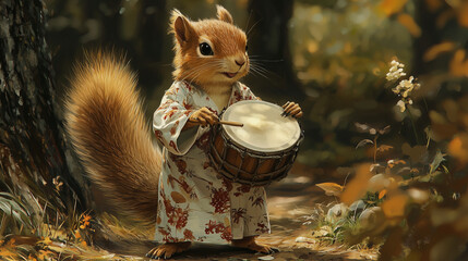 Charming squirrel in a floral dress playing a drum in a peaceful forest setting. A whimsical and fashionable animal character with musical personality and woodland grace.
