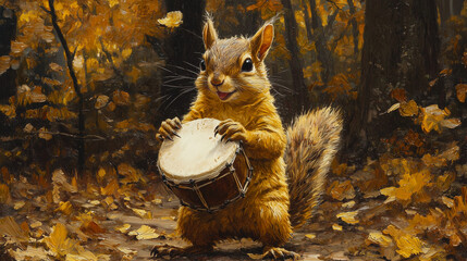 Energetic squirrel in a vibrant forest playing a small hand drum. A lively and musical animal portrait full of woodland charm and performance energy.
