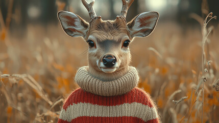 Stylish deer with antlers wearing a red knit sweater, posing in a soft autumn meadow. A fashionable and regal animal portrait with elegance and seasonal warmth.
