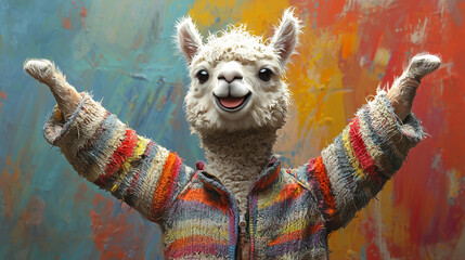 Smiling alpaca in a colorful striped sweater, raising its arms in front of a painted wall. A joyful, photorealistic character perfect for fun lifestyle or creative designs.
