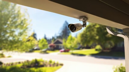 A security camera is mounted under the eaves, providing a clear view of the lush neighborhood street filled with greenery and parked cars on a sunny afternoon