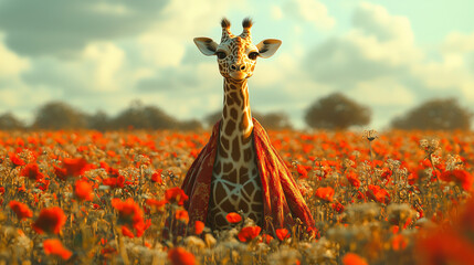 Stylish giraffe standing gracefully in a vibrant flower field, wearing a patterned scarf and posing confidently. A fashionable animal portrait blending elegance and whimsy.
