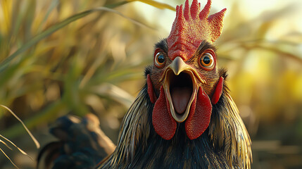 Funny rooster with wide eyes and open beak, captured in a humorous expression with natural background. A quirky and expressive animal character full of comic personality.
