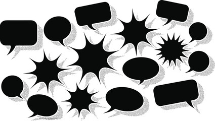 Comic speech bubble vector set, blank dialogue balloons, retro pop art style, explosion shapes, black silhouette design elements, clipart