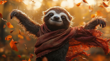Smiling sloth in scarf reaching out with joy, surrounded by golden autumn leaves. A warm and expressive animal portrait filled with charm and peaceful personality.

