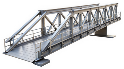 A modern, sturdy pedestrian bridge featuring a silver metallic structure with diagonal supports and a smooth walkway, designed for urban environments.