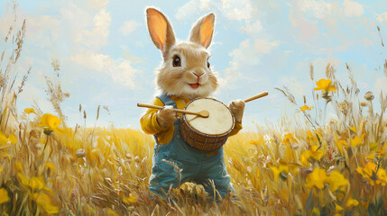 Smiling bunny with a drum and sticks, dressed in overalls and standing in a sunlit wheat field. A whimsical and musical portrait full of warmth and joy.
