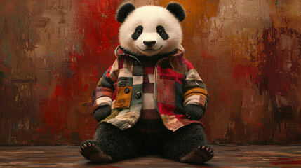 Fashionable panda in a patchwork jacket posing confidently against a textured background. A stylish and modern character portrait combining cuteness with urban attitude.
