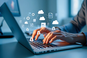 Person using a laptop interacting with cloud computing and data sharing digital concepts