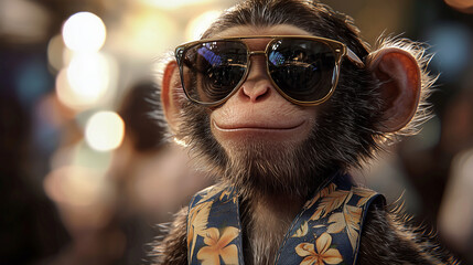 Monkey in large dark sunglasses, wearing a patterned shirt and standing in a sunny urban scene. A cool and confident character portrait with personality and modern vibe.
