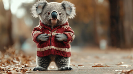 Cute koala in a red striped sweater, posing calmly in an outdoor autumn scene. A fashionable animal character full of warmth and soft personality for lifestyle or editorial content.
