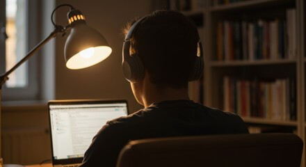 Young man working on laptop at desk with lamp in cozy evening setting  