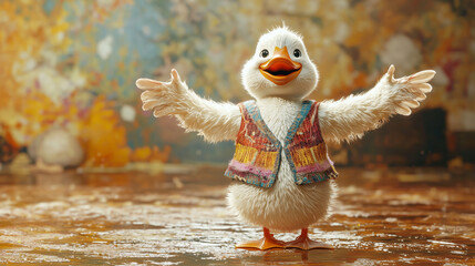 Happy duck in colorful patchwork vest, smiling and spreading wings in a soft, natural setting. A bright and expressive animal character full of cheerful energy.
