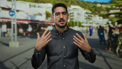 Man with glasses stands confidently outdoors in urban street setting with blurred background of...
