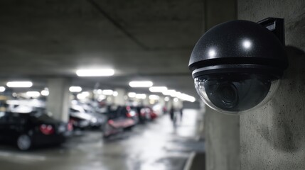 Fototapeta premium A dome security camera is positioned on a wall in a parking garage, providing surveillance in a low-light environment. The camera captures the area with clear focus, enhancing security