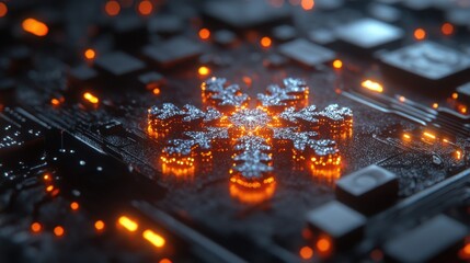 Glowing Snowflake on Futuristic Circuit Board Abstract Winter Technology Design