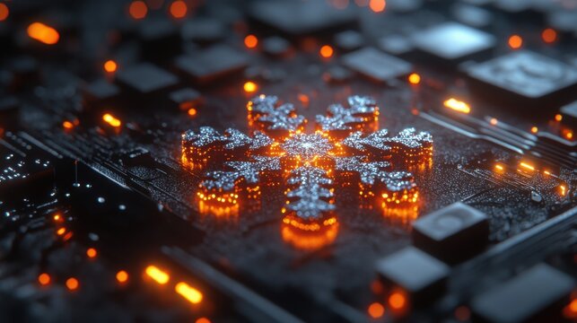 Glowing Snowflake on Futuristic Circuit Board Abstract Winter Technology Design