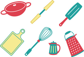 colorful vector kitchen icons with pot and whisk