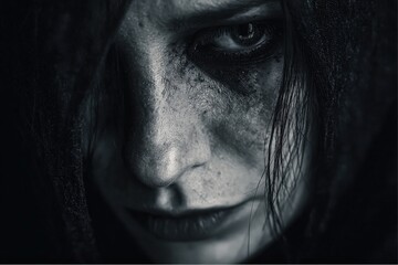 Close-up of woman's face with smudged dark makeup under her eyes looking with intensity in a dark, moody environment