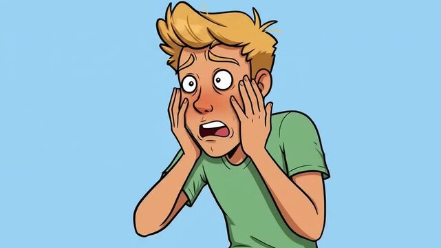 Young man with blonde hair showing a shocked expression while holding his face in disbelief