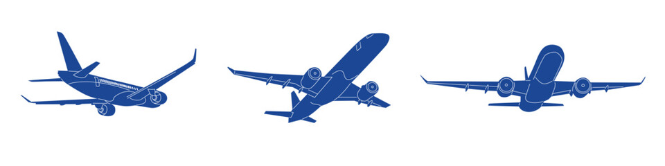 Collection of blue plane shapes. Silhouettes of an airplanes. Vector illustration isolated on white background